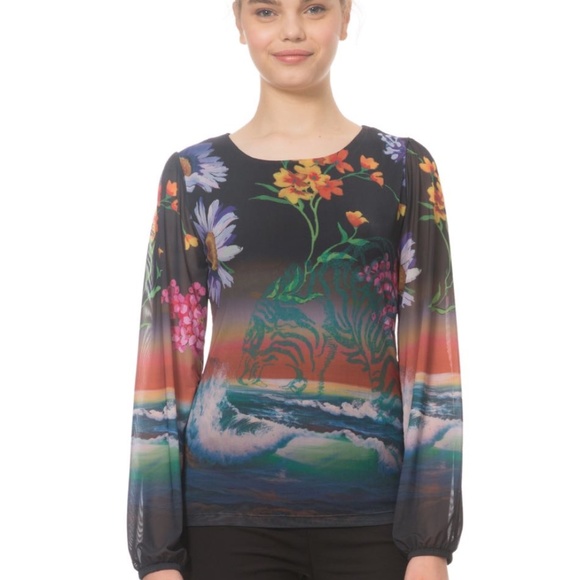 NEW Desigual Middleton mesh top daisy tiger ocean Large - Picture 1 of 11